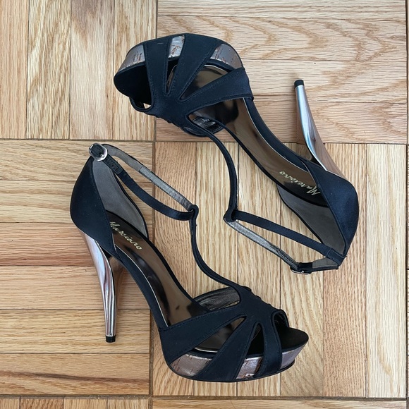 NEW Marciano Carla Black Satin High Heel Sandal with Silver Heel - 5.5 - Picture 3 of 8